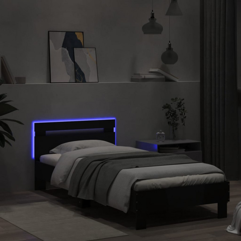 Rama łóżka z wezgłowiem i LED, czarna, 75x190 cm
