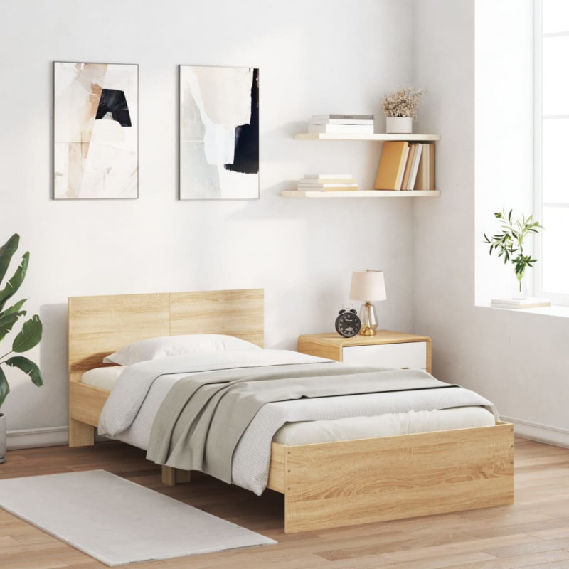 Rama łóżka z wezgłowiem i LED, dąb sonoma, 100x200 cm