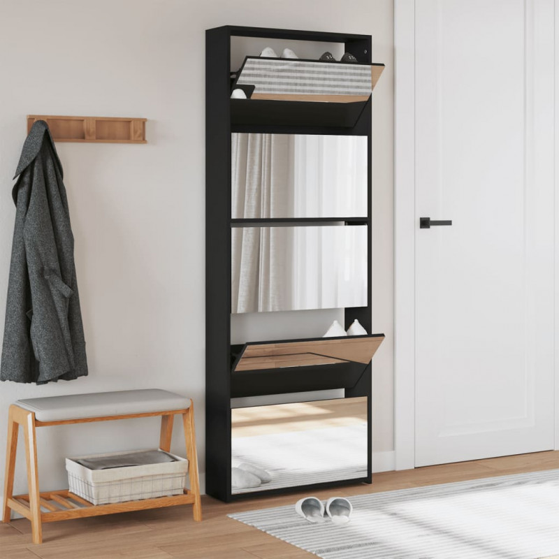 Szafka na buty z lustrem, 5 poziomów, czarna, 63x17x169,5 cm