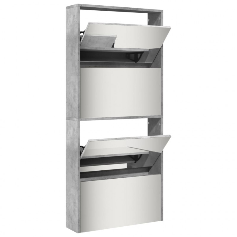 Szafka na buty z lustrem, 4 poziomy, szary beton, 63x17x134 cm