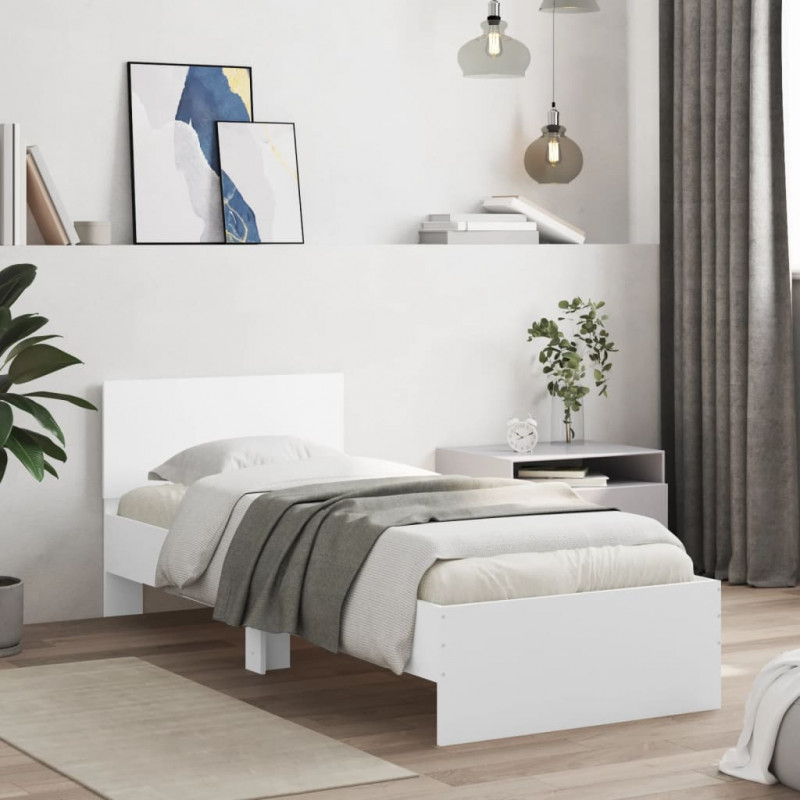 Rama łóżka z wezgłowiem i LED, biała, 75x190 cm
