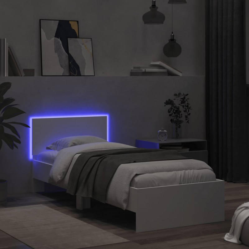 Rama łóżka z wezgłowiem i LED, biała, 75x190 cm