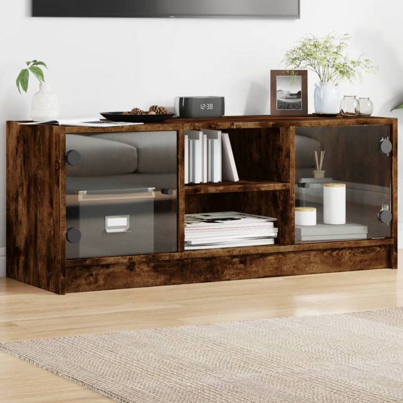 Szafka TV ze szklanymi drzwiami, przydymiony dąb, 102x37x42 cm