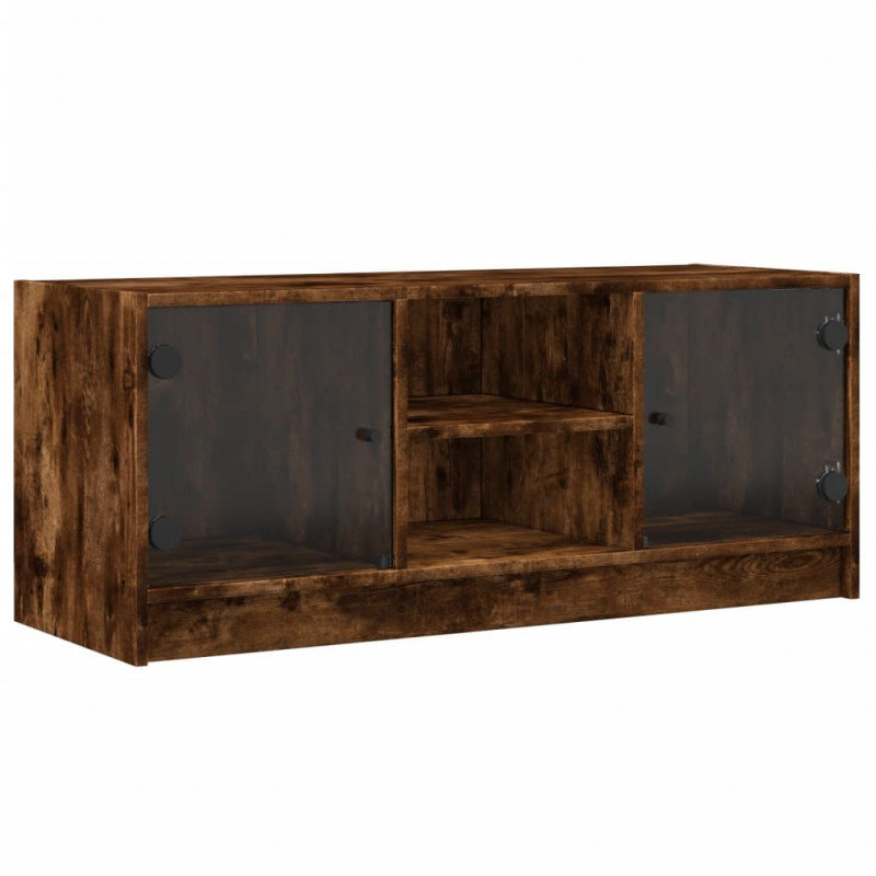 Szafka TV ze szklanymi drzwiami, przydymiony dąb, 102x37x42 cm