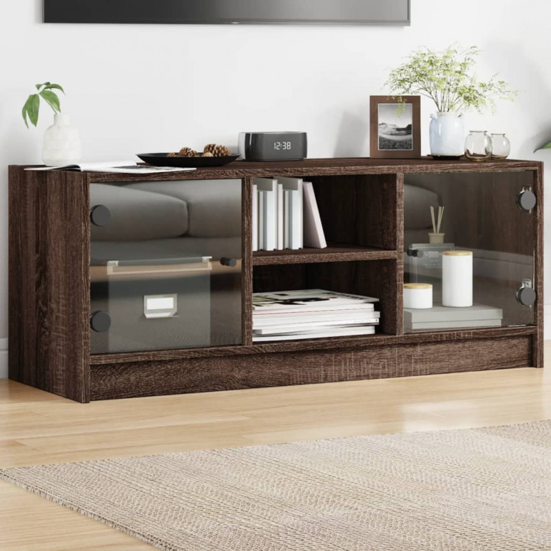 Szafka TV ze szklanymi drzwiami, brązowy dąb, 102x37x42 cm