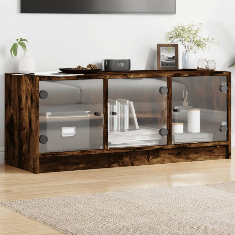 Szafka TV ze szklanymi drzwiami, przydymiony dąb, 102x37x42 cm