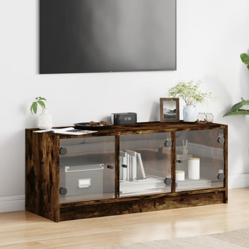 Szafka TV ze szklanymi drzwiami, przydymiony dąb, 102x37x42 cm