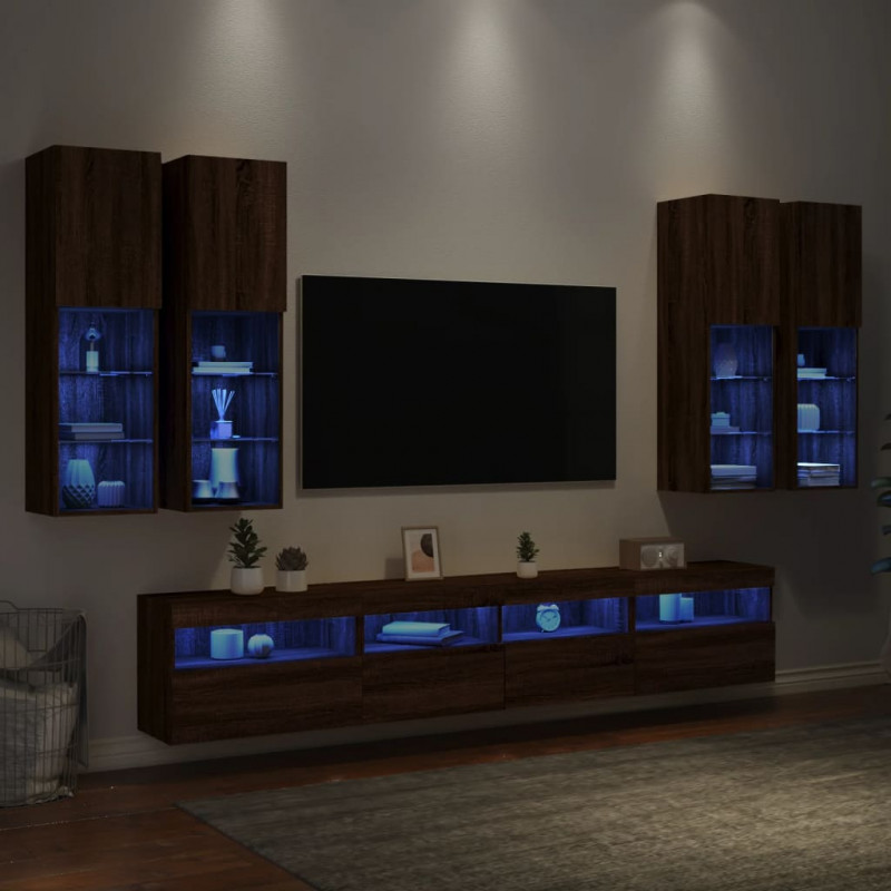 7-cz. zestaw ściennych szafek TV z LED, brązowy dąb
