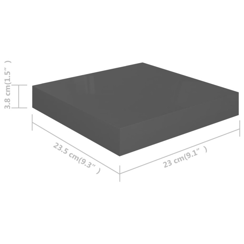 Półki ścienne, 2 szt., szare, wysoki połysk, 23x23,5x3,8cm, MDF