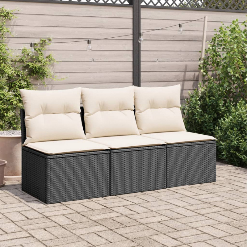 Sofa ogrodowa z poduszkami, 3-osobowa, czarna, polirattan