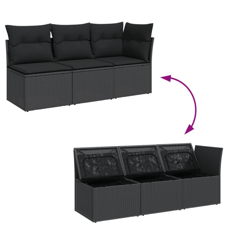 Sofa ogrodowa z poduszkami, 3-osobowa, czarna, polirattan