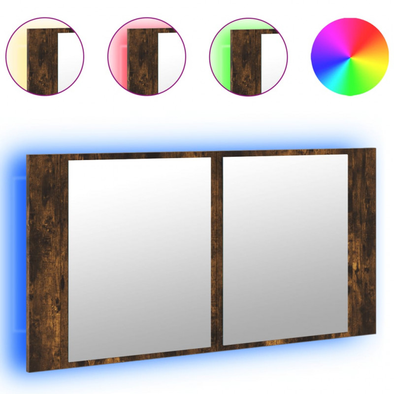 Szafka łazienkowa z lustrem i LED, opalany dąb, 90x12x45, akryl