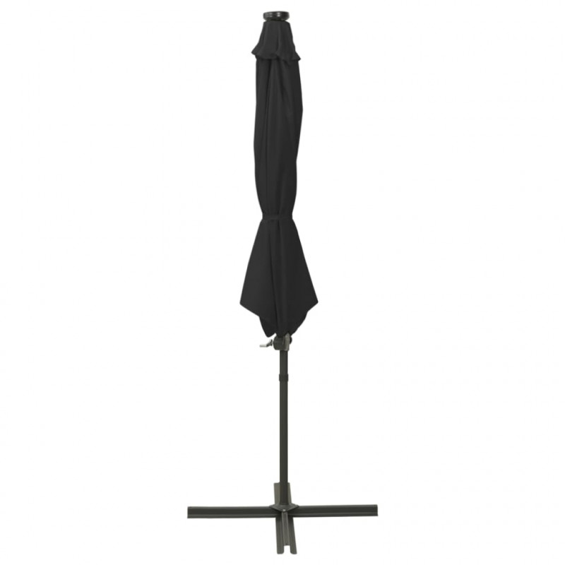 Parasol wiszący z lampkami LED i słupkiem, 300 cm, czarny