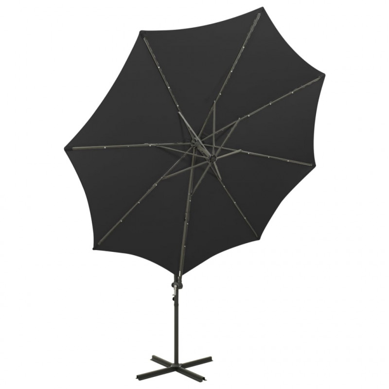 Parasol wiszący z lampkami LED i słupkiem, 300 cm, czarny