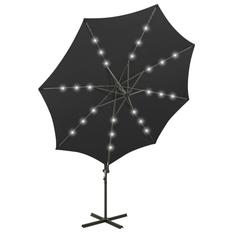 Parasol wiszący z lampkami LED i słupkiem, 300 cm, czarny