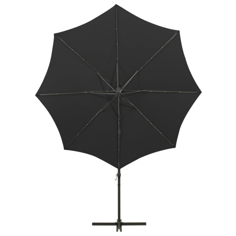 Parasol wiszący z lampkami LED i słupkiem, 300 cm, czarny