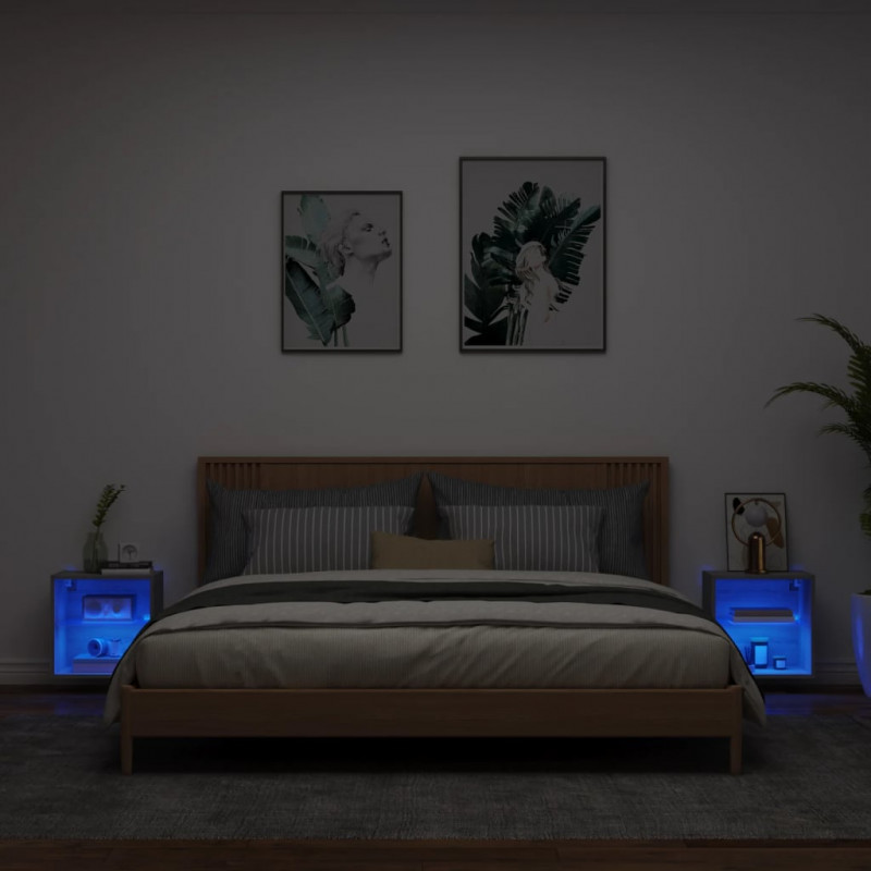 Szafki nocne z LED, ścienne, 2 szt., kolor szary dąb sonoma