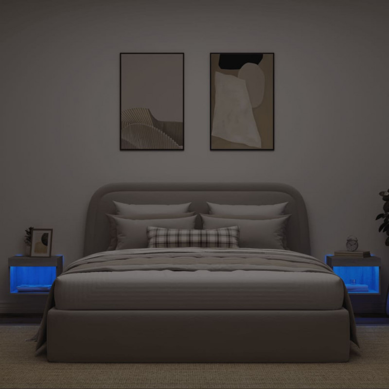Szafki nocne z LED, ścienne, 2 szt., kolor szary dąb sonoma