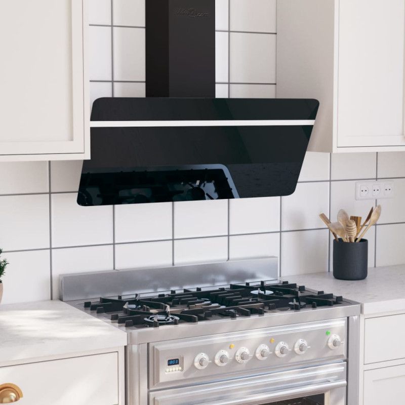 Ścienny okap kuchenny, 90 cm, stal i hartowane szkło, czarny