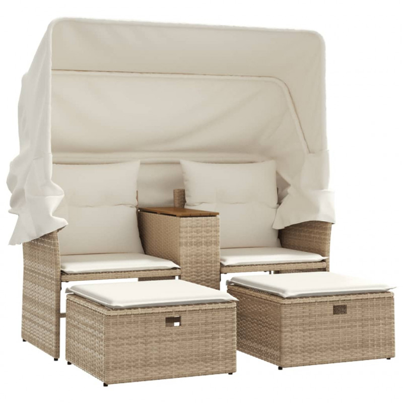 2-os. sofa ogrodowa z zadaszeniem i stołkami, beżowa, rattan PE
