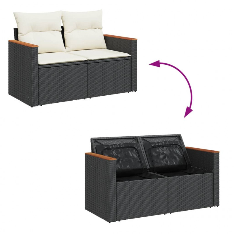Sofa ogrodowa z poduszkami, 2-osobowa, czarna, polirattan