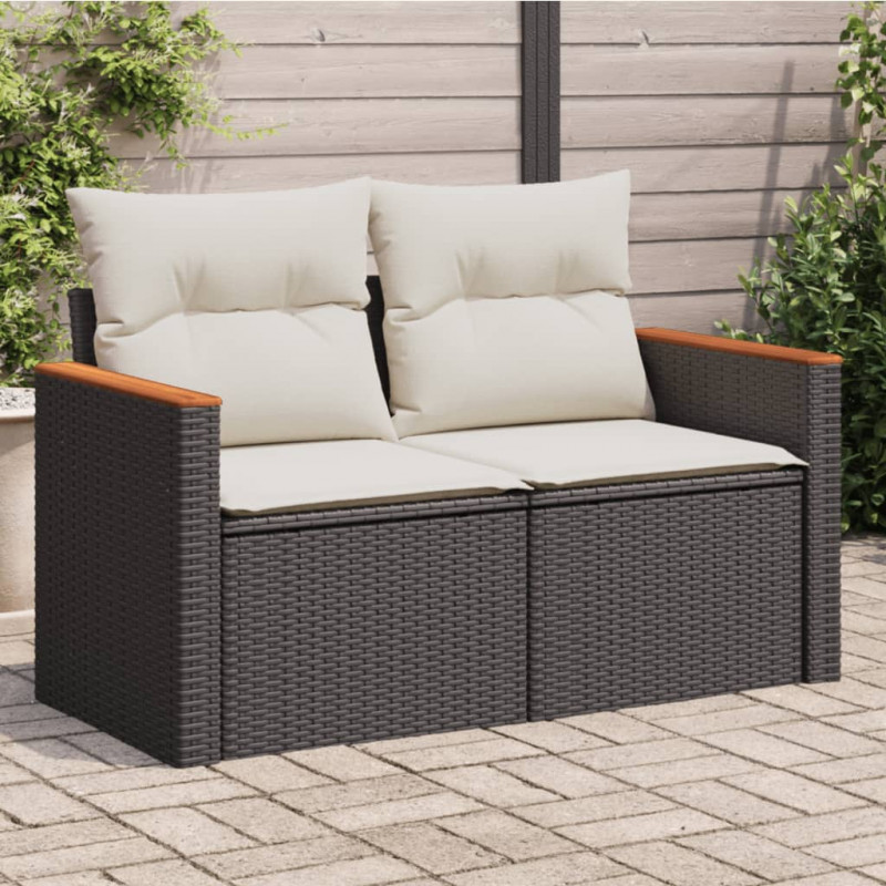 Sofa ogrodowa z poduszkami, 2-osobowa, czarna, polirattan