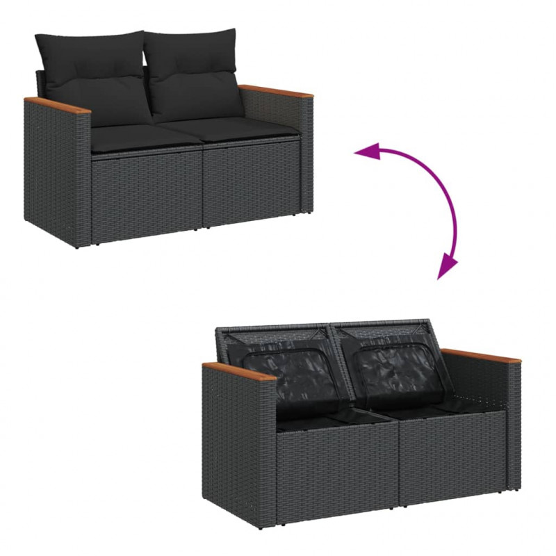 Sofa ogrodowa z poduszkami, 2-osobowa, czarna, polirattan