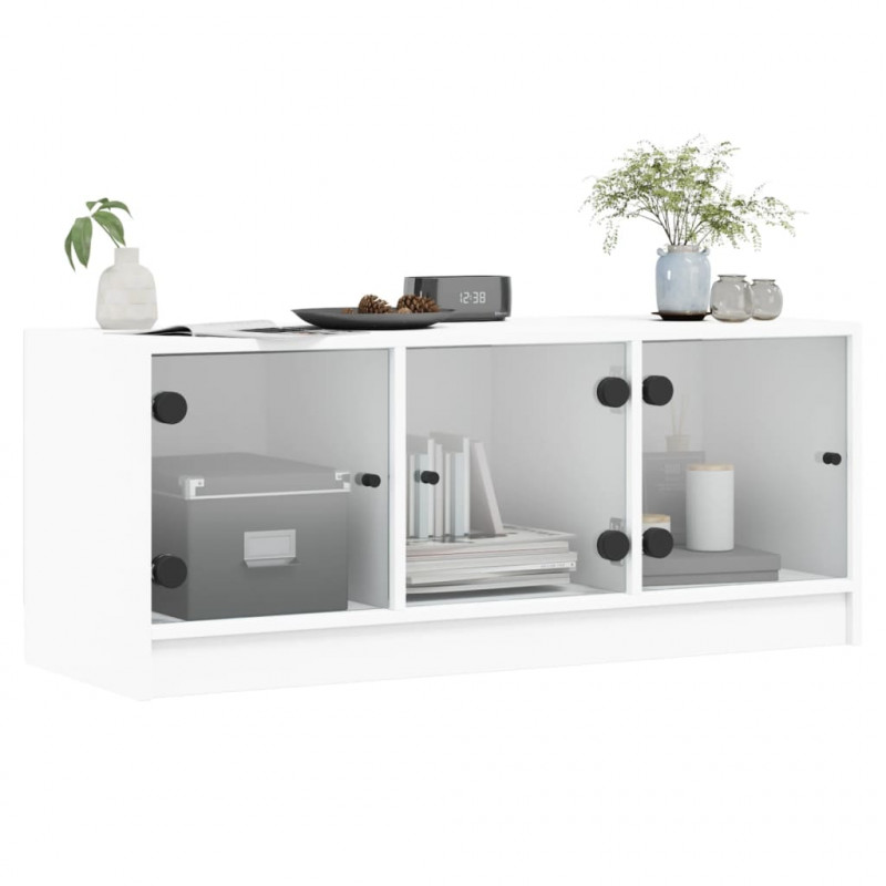 Szafka TV ze szklanymi drzwiami, biała, 102x37x42 cm