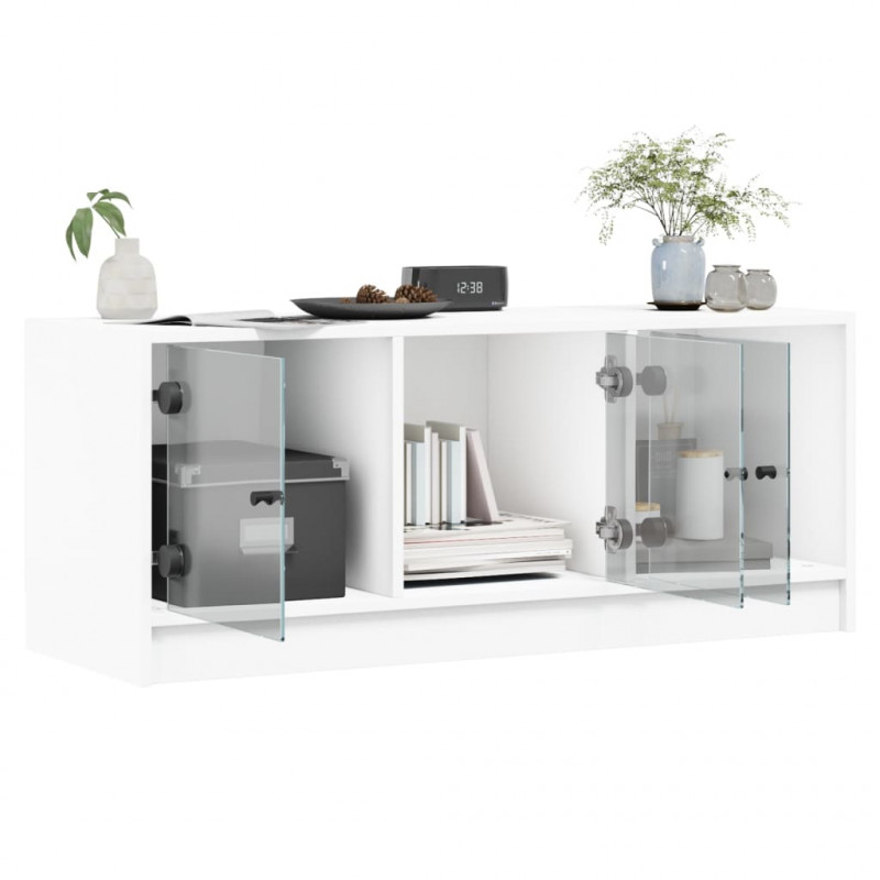 Szafka TV ze szklanymi drzwiami, biała, 102x37x42 cm