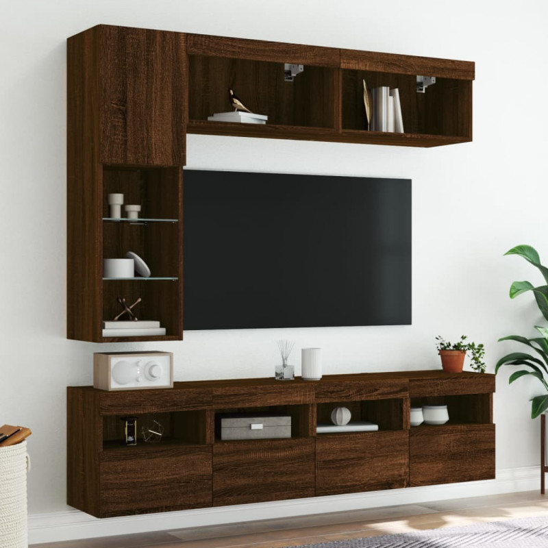 7-cz. zestaw ściennych szafek TV z LED, brązowy dąb