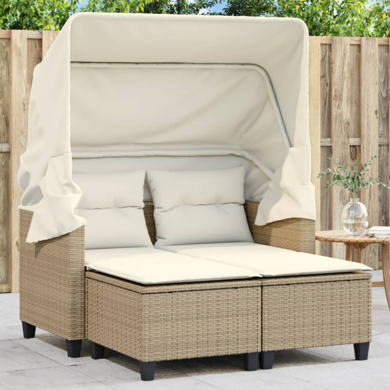 2-os. sofa ogrodowa z zadaszeniem i stołkami, beżowa, rattan PE