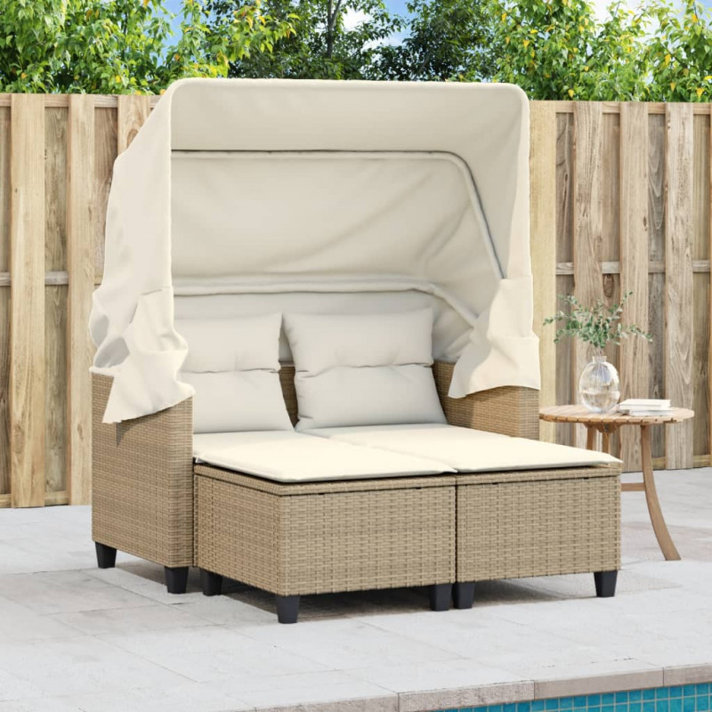 2-os. sofa ogrodowa z zadaszeniem i stołkami, beżowa, rattan PE
