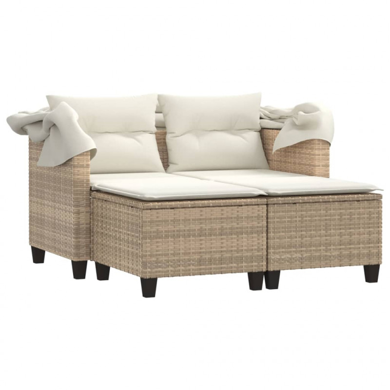 2-os. sofa ogrodowa z zadaszeniem i stołkami, beżowa, rattan PE