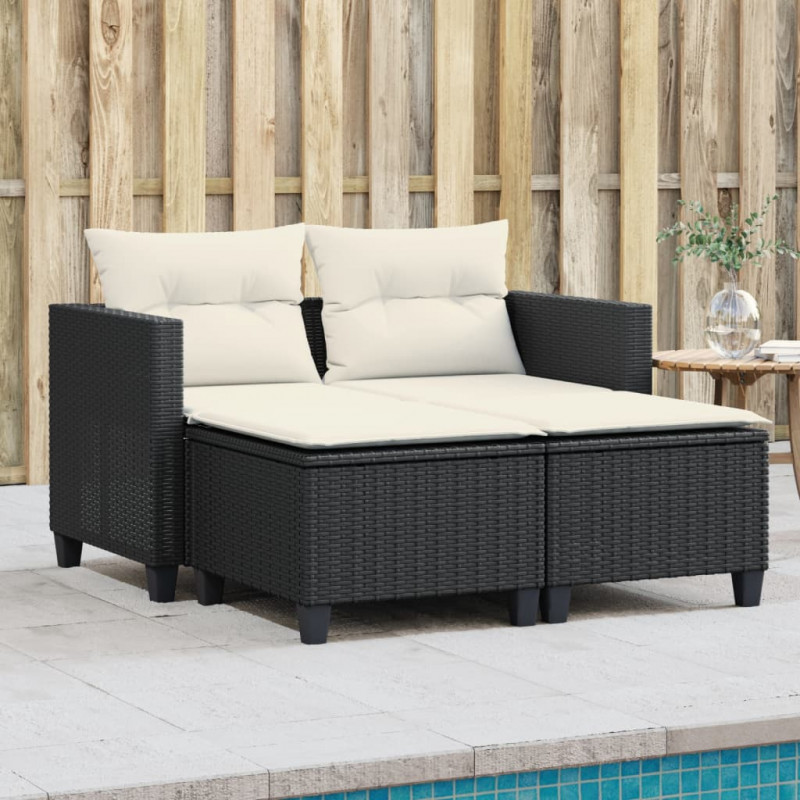 2-osobowa sofa ogrodowa z podnóżkami, czarna, polirattan
