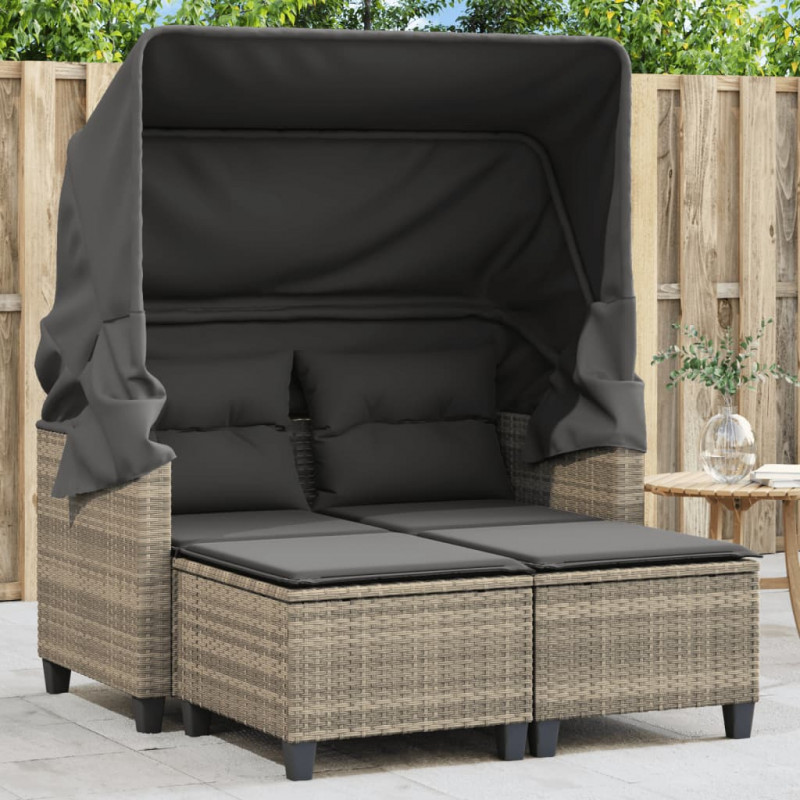 2-os. sofa ogrodowa, daszek i podnóżki, jasnoszara, rattan PE