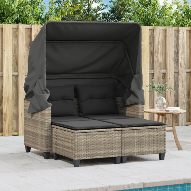 2-os. sofa ogrodowa, daszek i podnóżki, jasnoszara, rattan PE