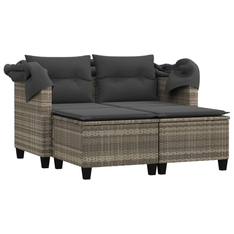 2-os. sofa ogrodowa, daszek i podnóżki, jasnoszara, rattan PE