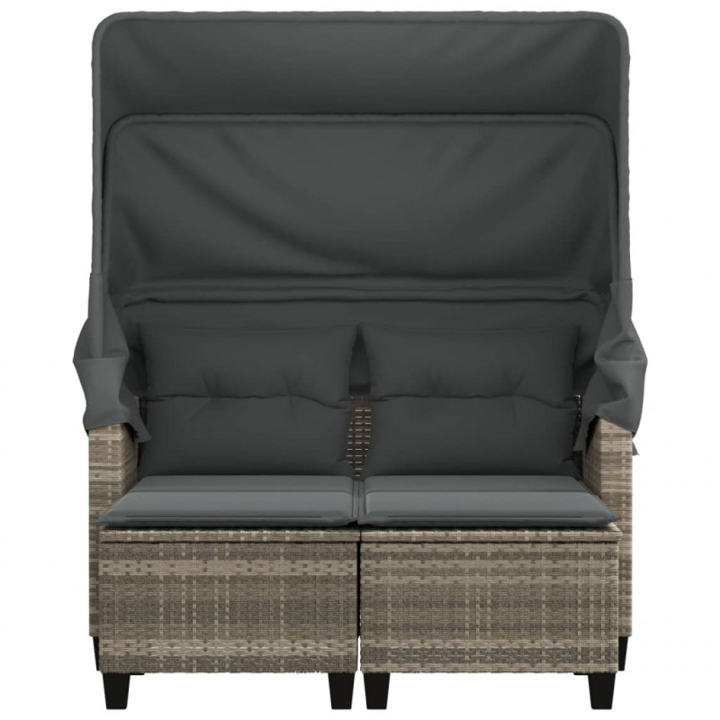 2-os. sofa ogrodowa, daszek i podnóżki, jasnoszara, rattan PE