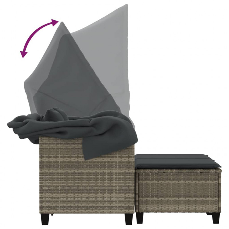 2-os. sofa ogrodowa, daszek i podnóżki, jasnoszara, rattan PE