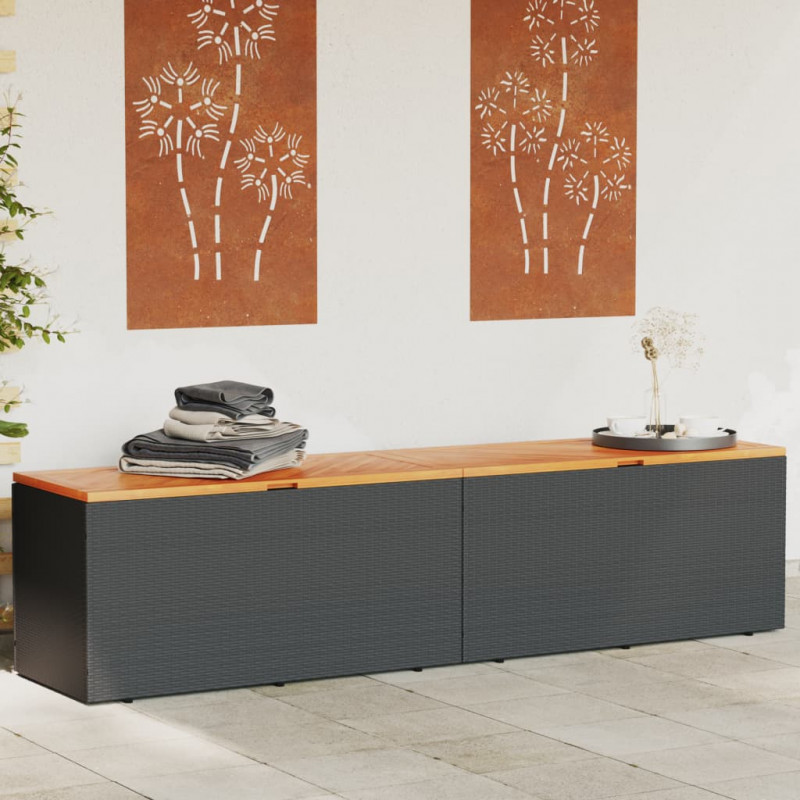 Skrzynia ogrodowa, czarna, 220x50x54 cm, polirattan i akacja