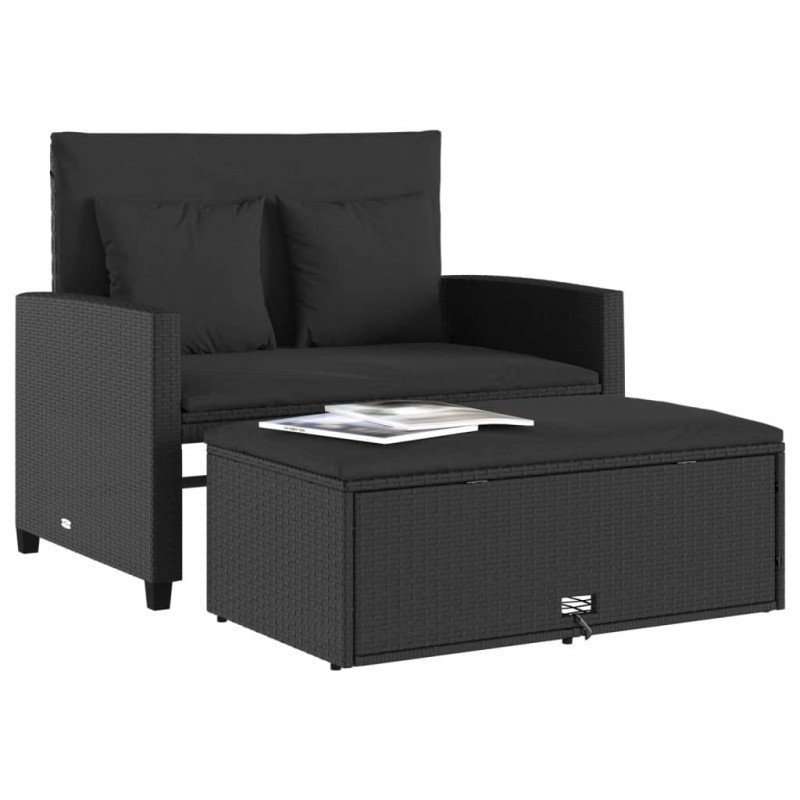Sofa ogrodowa z poduszkami, 2-osobowa, czarna, polirattan