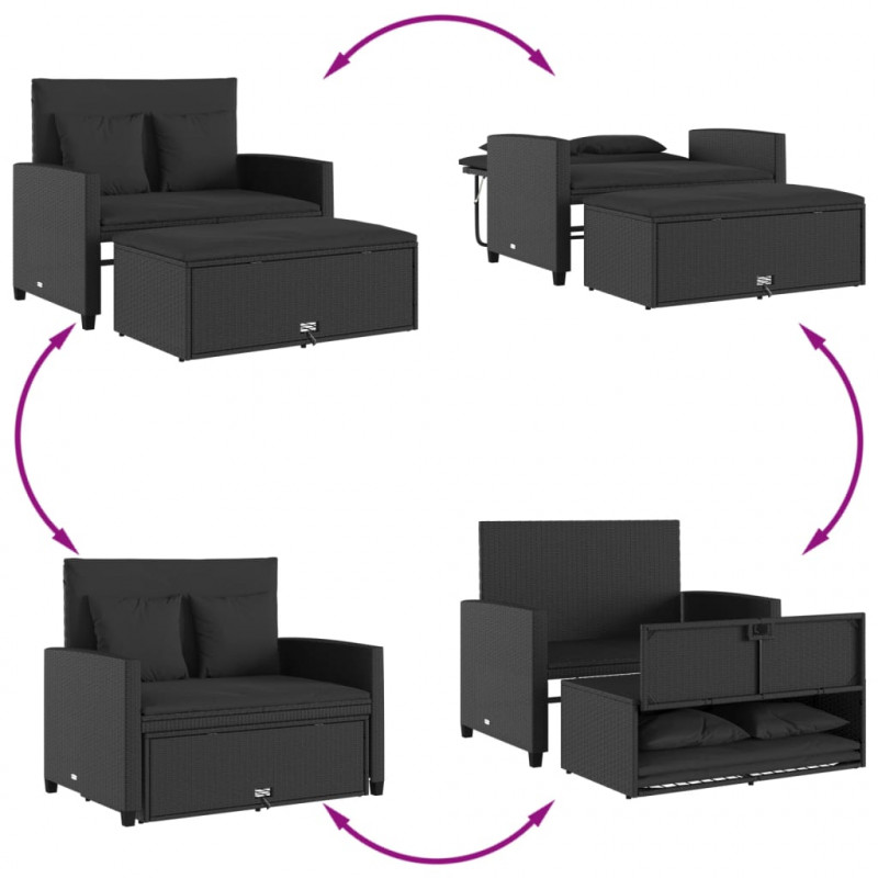 Sofa ogrodowa z poduszkami, 2-osobowa, czarna, polirattan