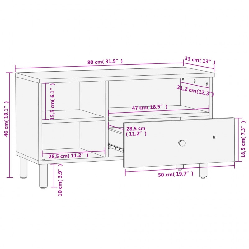 Szafka pod telewizor, czarna, 80x33x46 cm, lite drewno mango