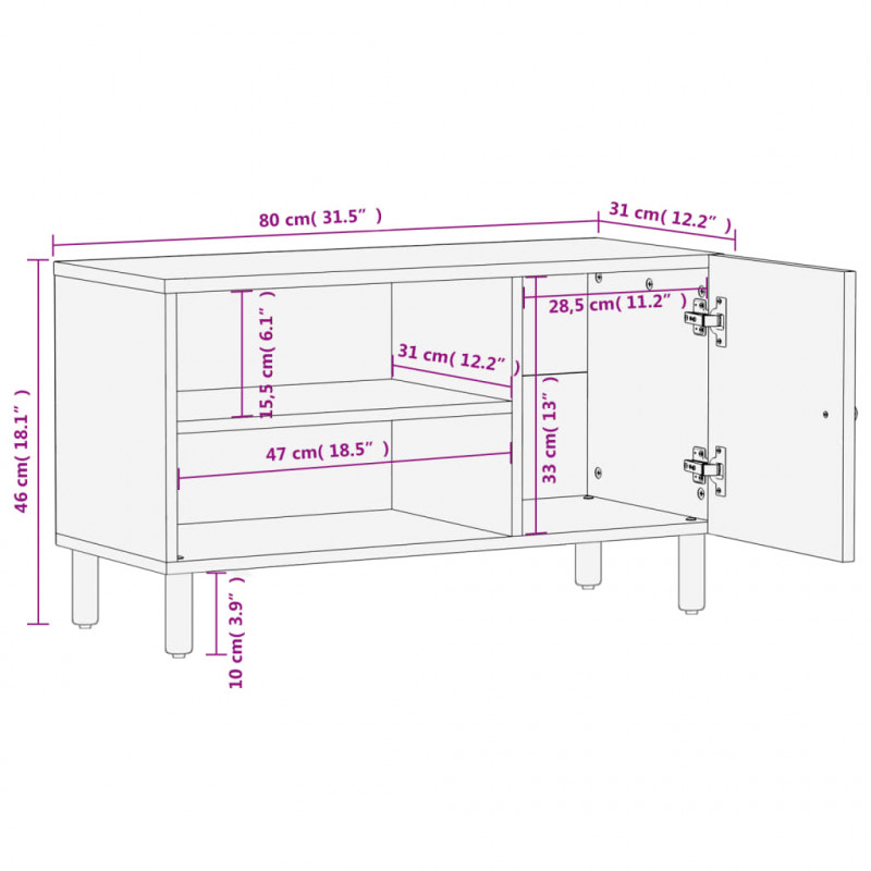 Szafka pod telewizor, czarna, 80x31x46 cm, lite drewno mango