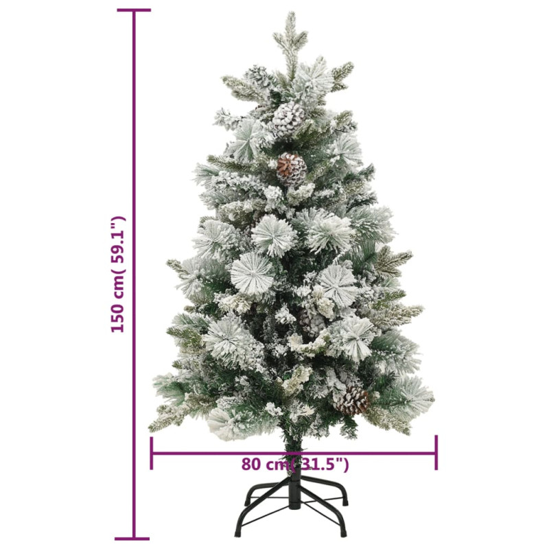 Choinka flokowana śniegiem z lampkami i szyszkami 150 cm PVC/PE