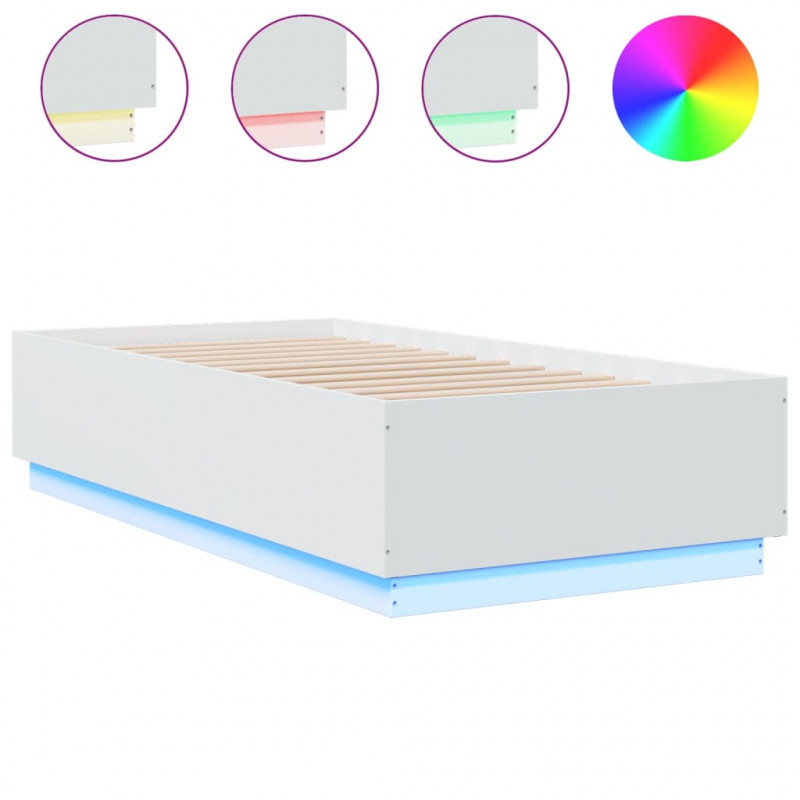 Rama łóżka z LED, biała, 75x190 cm, materiał drewnopochodny