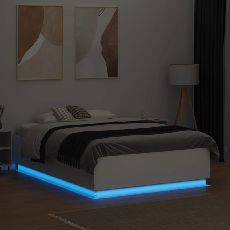 Rama łóżka z LED, biała, 135x190 cm, materiał drewnopochodny