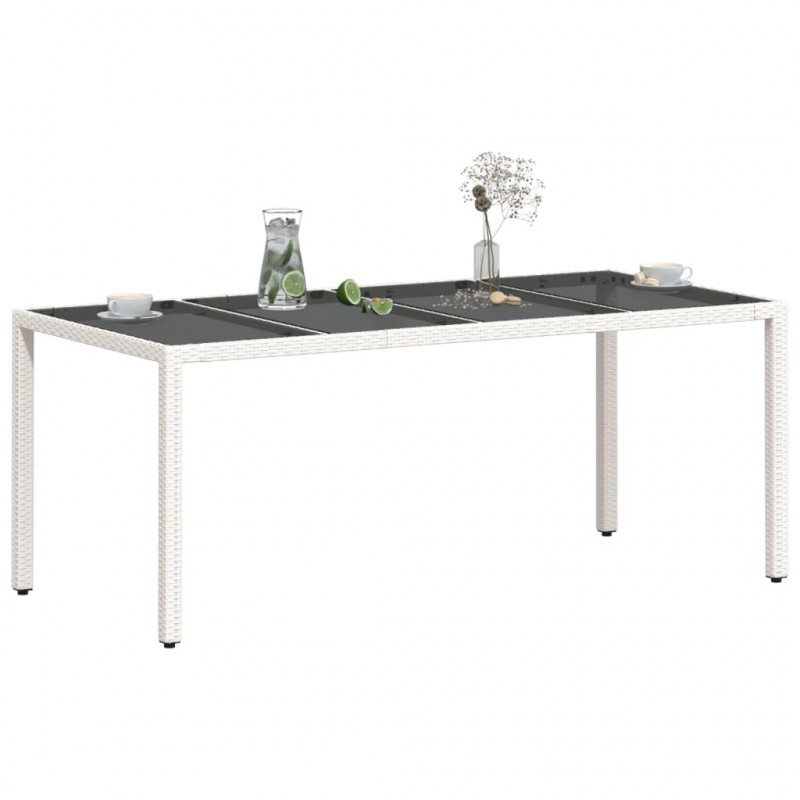 Stół ogrodowy ze szklanym blatem, biały 190x90x75 cm, rattan PE