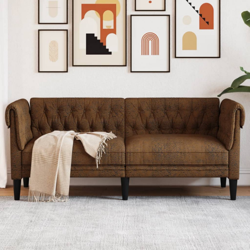 Sofa Chesterfield, dwuosobowa, brązowa, obita tkaniną