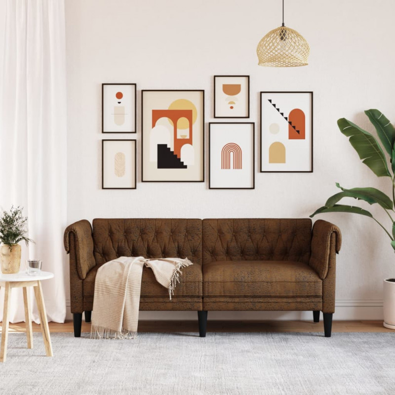 Sofa Chesterfield, dwuosobowa, brązowa, obita tkaniną
